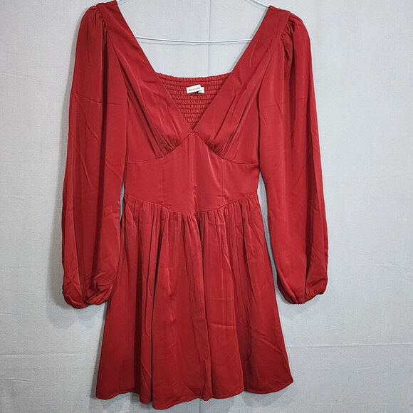 Abercrombie & Fitch Red Long Sleeve Corset Smocked V Neck Mini Dress Sz S - Picture 1 of 6